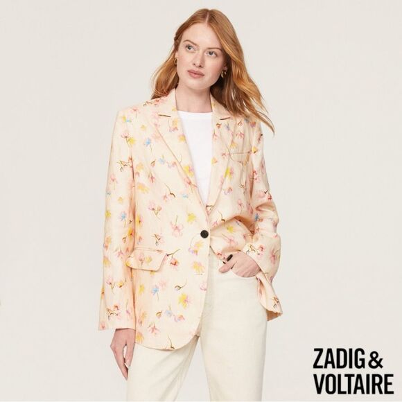 Sadie & Voltaire **NWT** Vegy Courtney Linen Blazer Floral Print Cream Vanilla - Picture 1 of 9